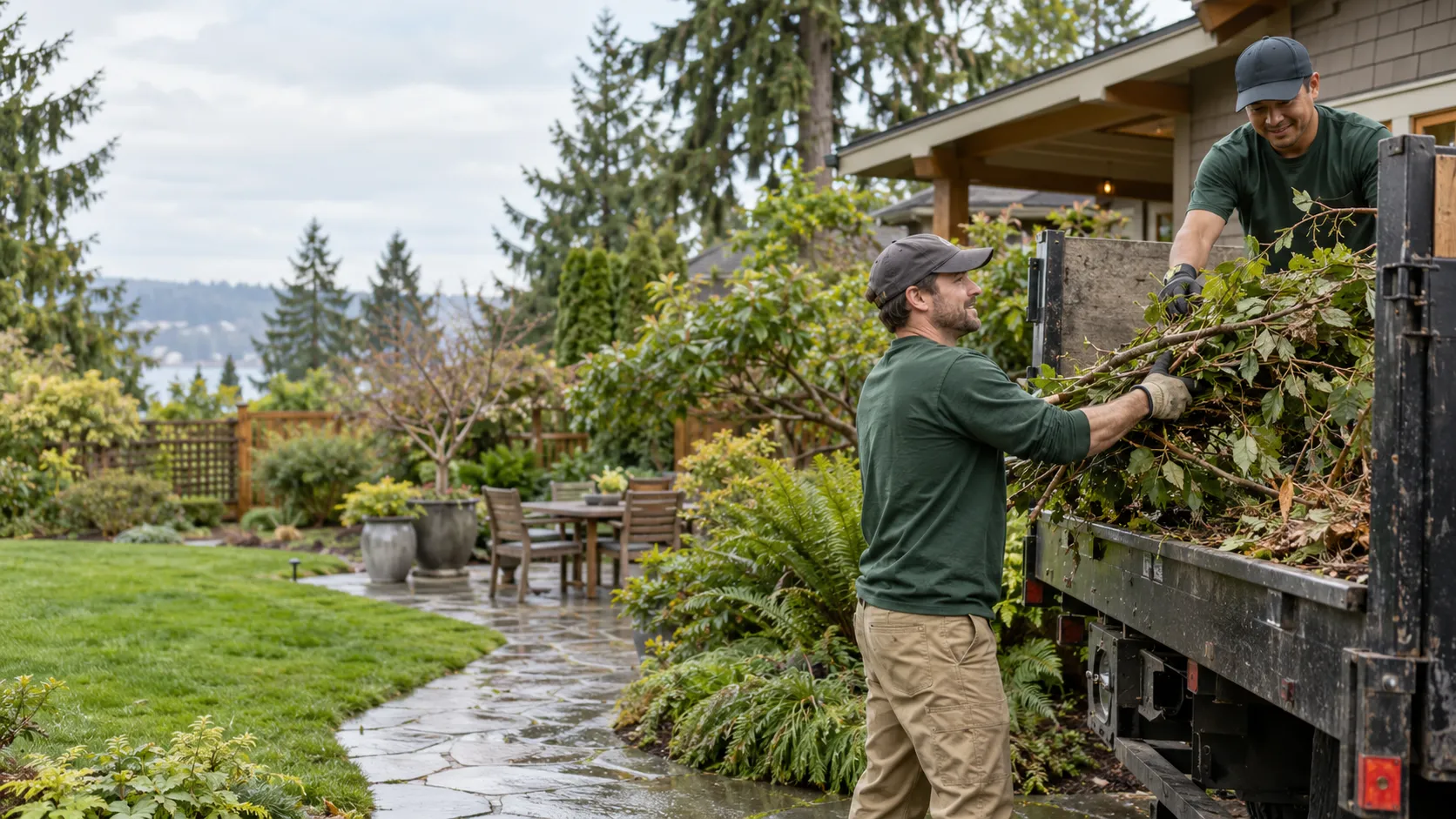 Workers loading branches into a hauling truck in a Pacific Northwest yard